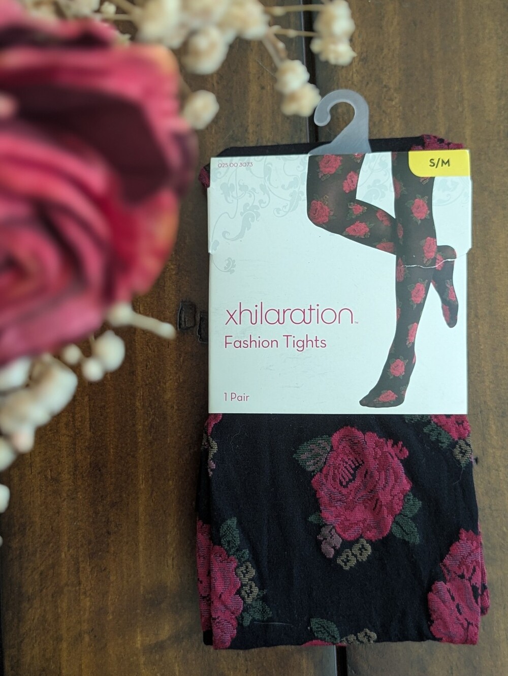 NIP Xhilaration Target Rose Floral Patterned Fashion Tights Black Pink S/M
